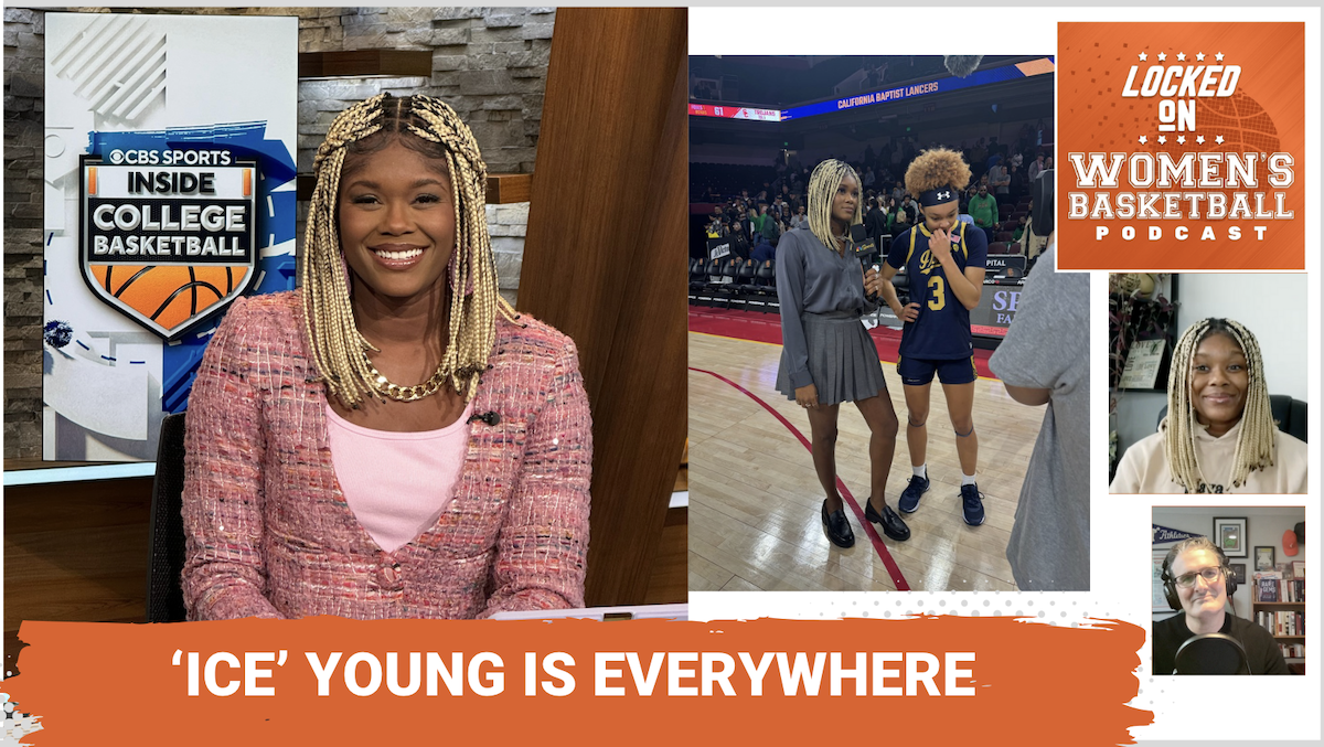 Ice Young is pictured broadcasting and interviewing Notre Dame guard Hannah Hildalgo in the Locked On Women's Basketball podcast thumbnail over the title "Ice Young is everywhere"